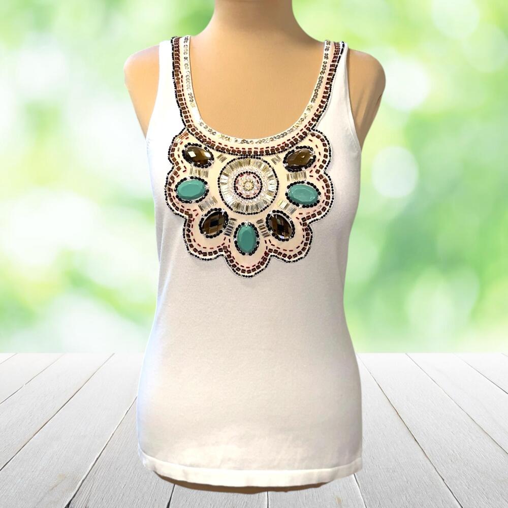 Vintage BEREK Jeweled Tank Beaded Sweater Knit Shell Maximalist Glam Y2K Size S